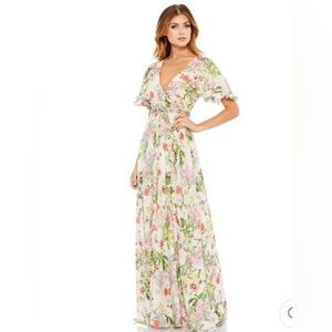 MacDuggal Floral Print Faux Wrap Flutter Sleeve A line gown NWT perfect